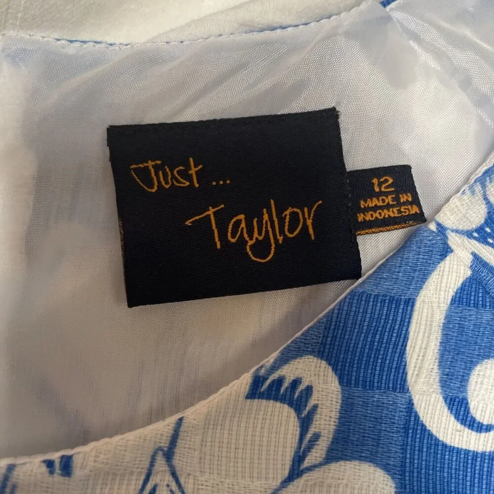 Just Taylor Dress Floral Blue & White Sheath‎ Shift Cap Sleeve Sz 12